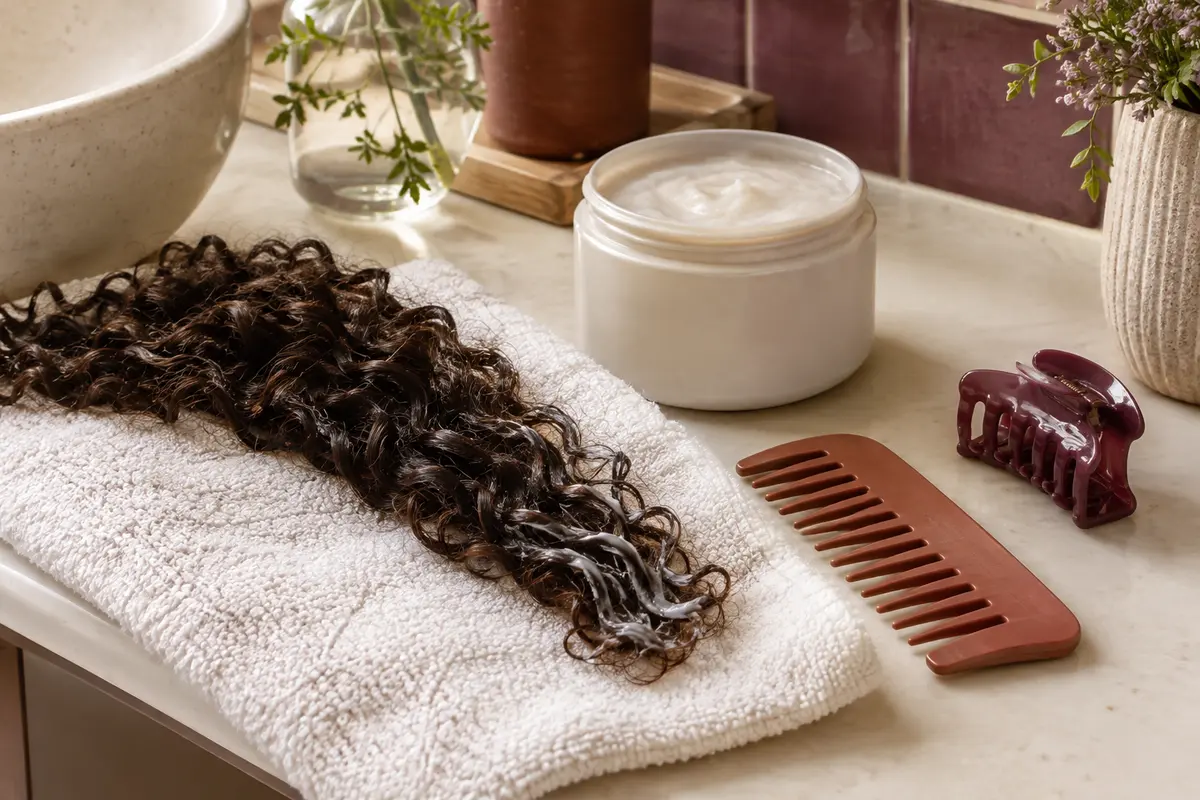 Pot de masque sans étiquette, peigne à dents larges et mèche de cheveux bouclés sur une serviette