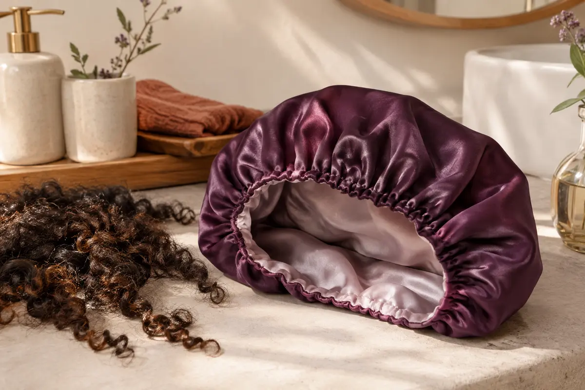 Bonnet en satin à poche ample posé près d’un oreiller, avec des boucles visibles pour évoquer le volume.