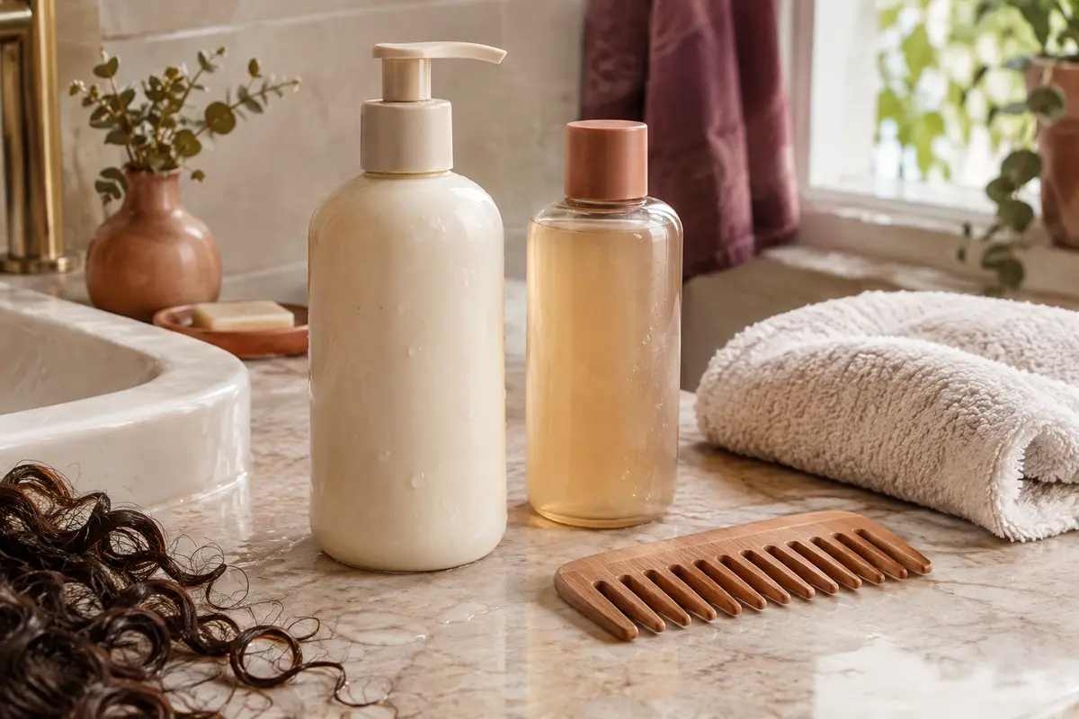 Co-wash et shampoing doux posés près d’une serviette pour comparer les lavages après le sport