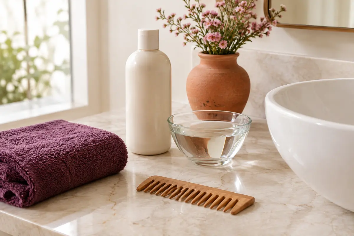 Flacon de shampoing doux, bol d’eau, peigne en bois et serviette prune pliée au bord d’une vasque blanche