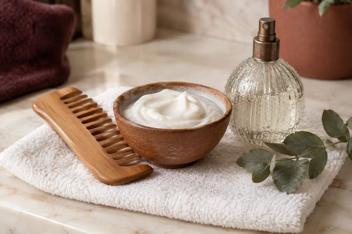 Bol de crème coiffante blanche, peigne en bois à dents larges et vaporisateur d’eau perlé de gouttelettes sur une serviette blanche