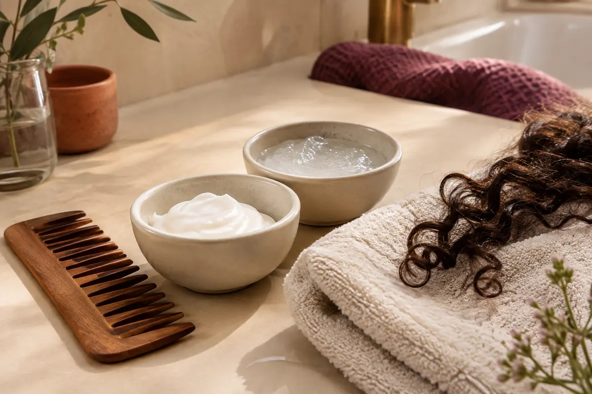 Crème coiffante et gel transparent disposés près d’une mèche de cheveux bouclés