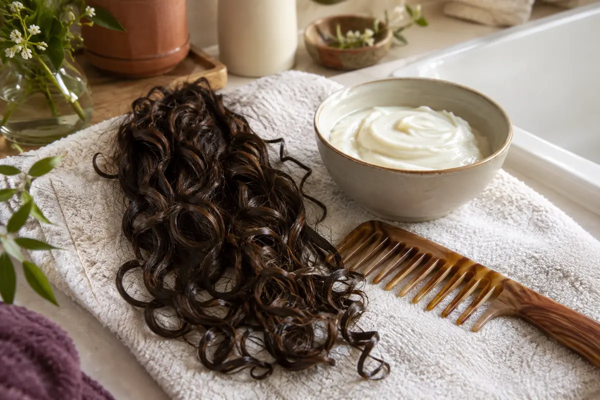 Mèche de cheveux bouclés humides, peigne à dents larges et après-shampoing sur une serviette claire.