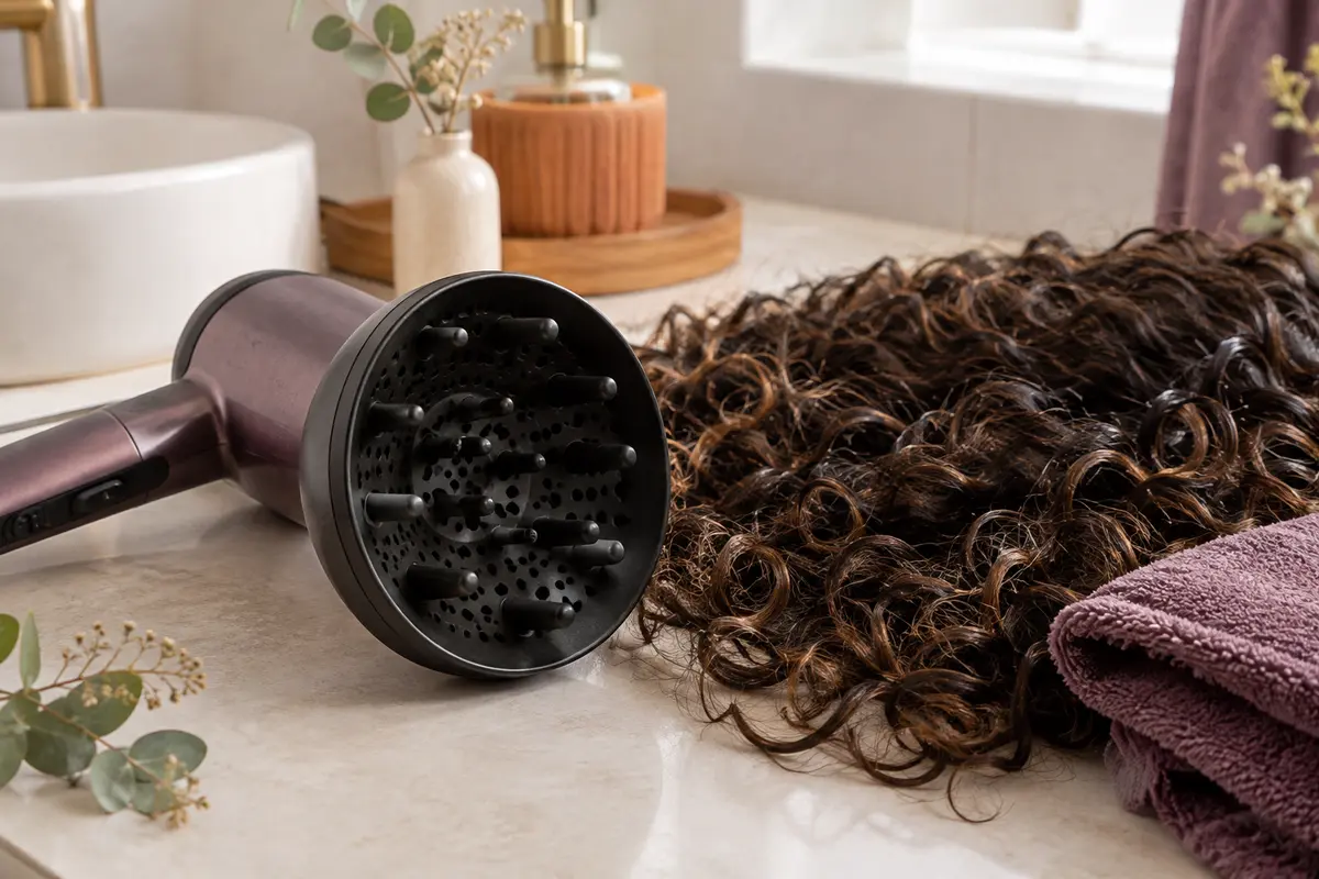Sèche-cheveux muni d’un diffuseur placé près de mèches bouclées et d’une serviette en microfibre.