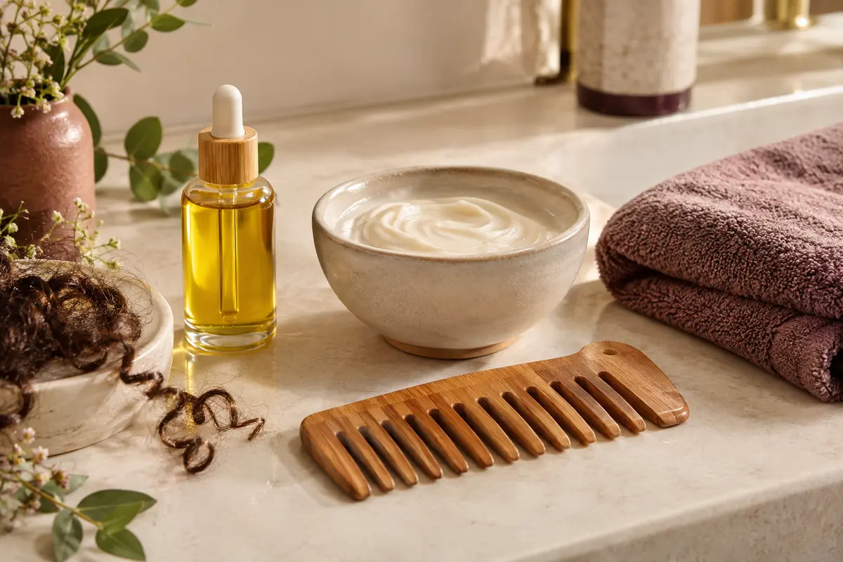 Flacon d’huile capillaire près d’un soin et d’un peigne, pour une routine dédiée aux cheveux bouclés.
