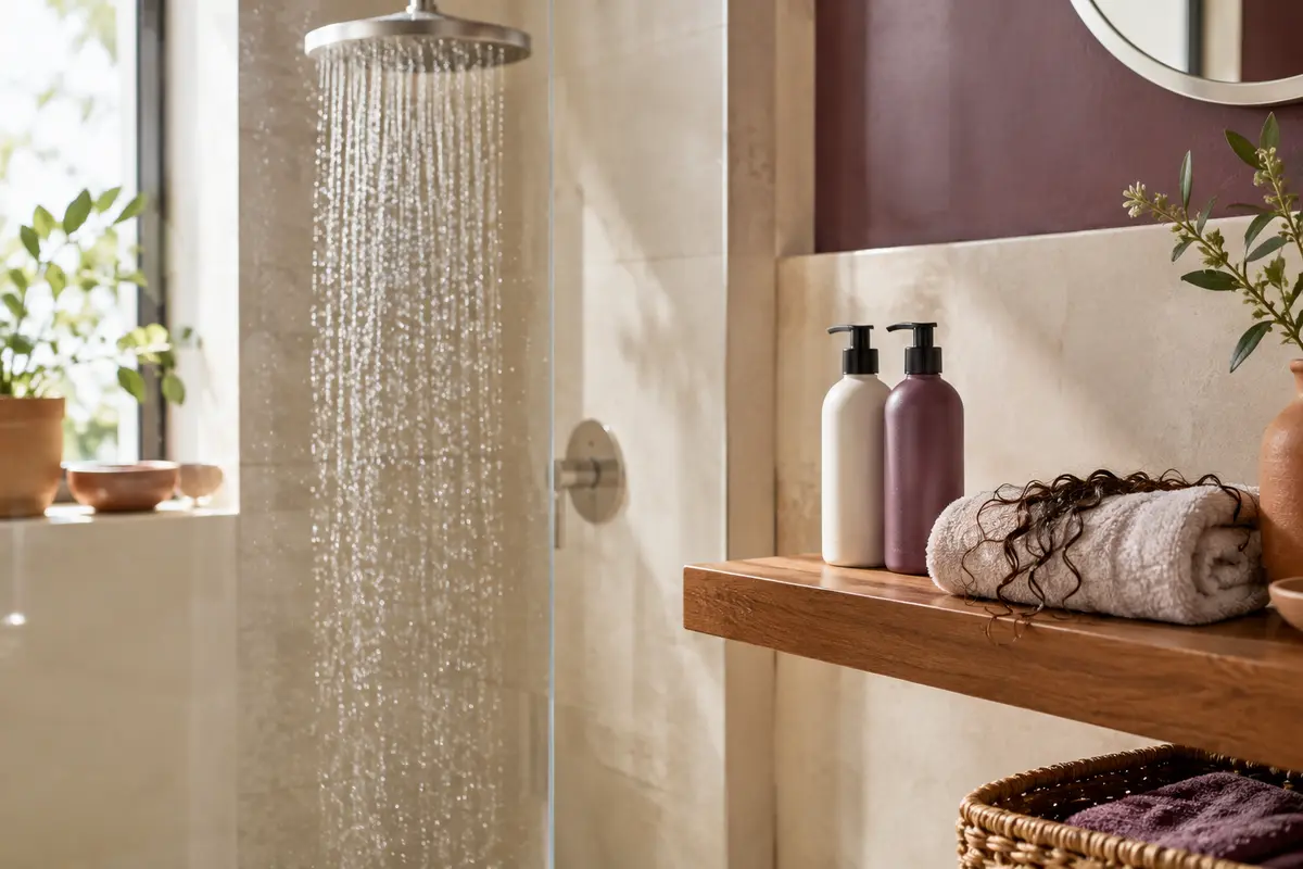 Serviette et soins capillaires près d’une douche, pour une routine simple après la piscine.