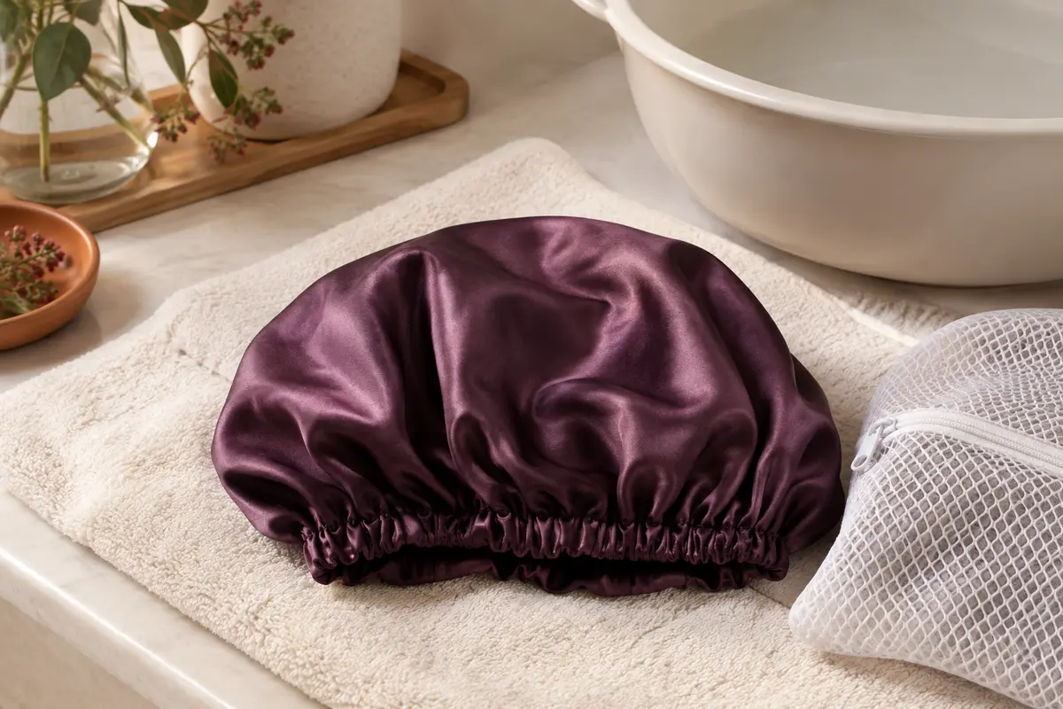 Bonnet en satin étendu à plat sur une serviette claire pour sécher à l’air libre.