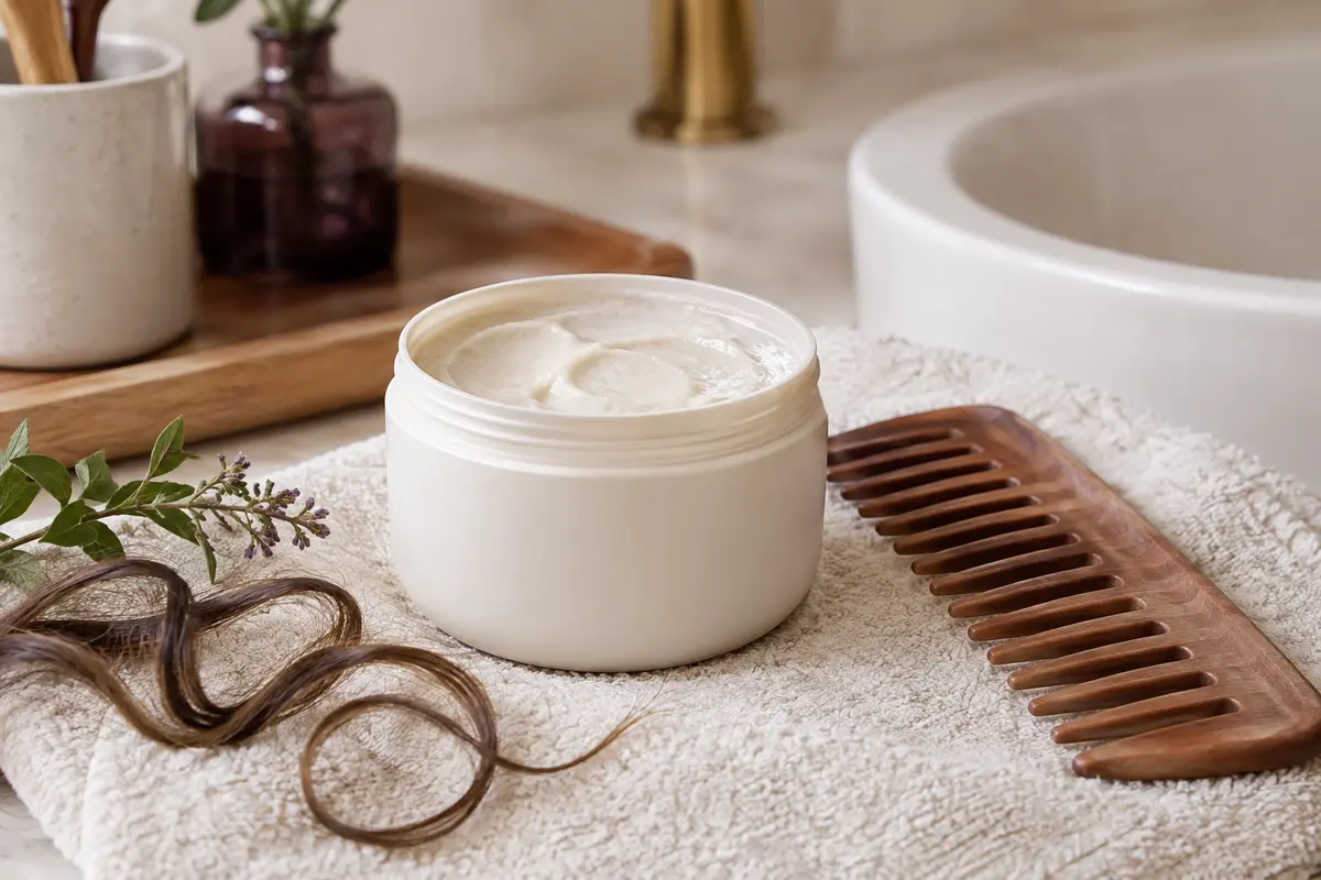 Pot de masque capillaire neutre près d’un peigne et de mèches fines bouclées sur une serviette claire