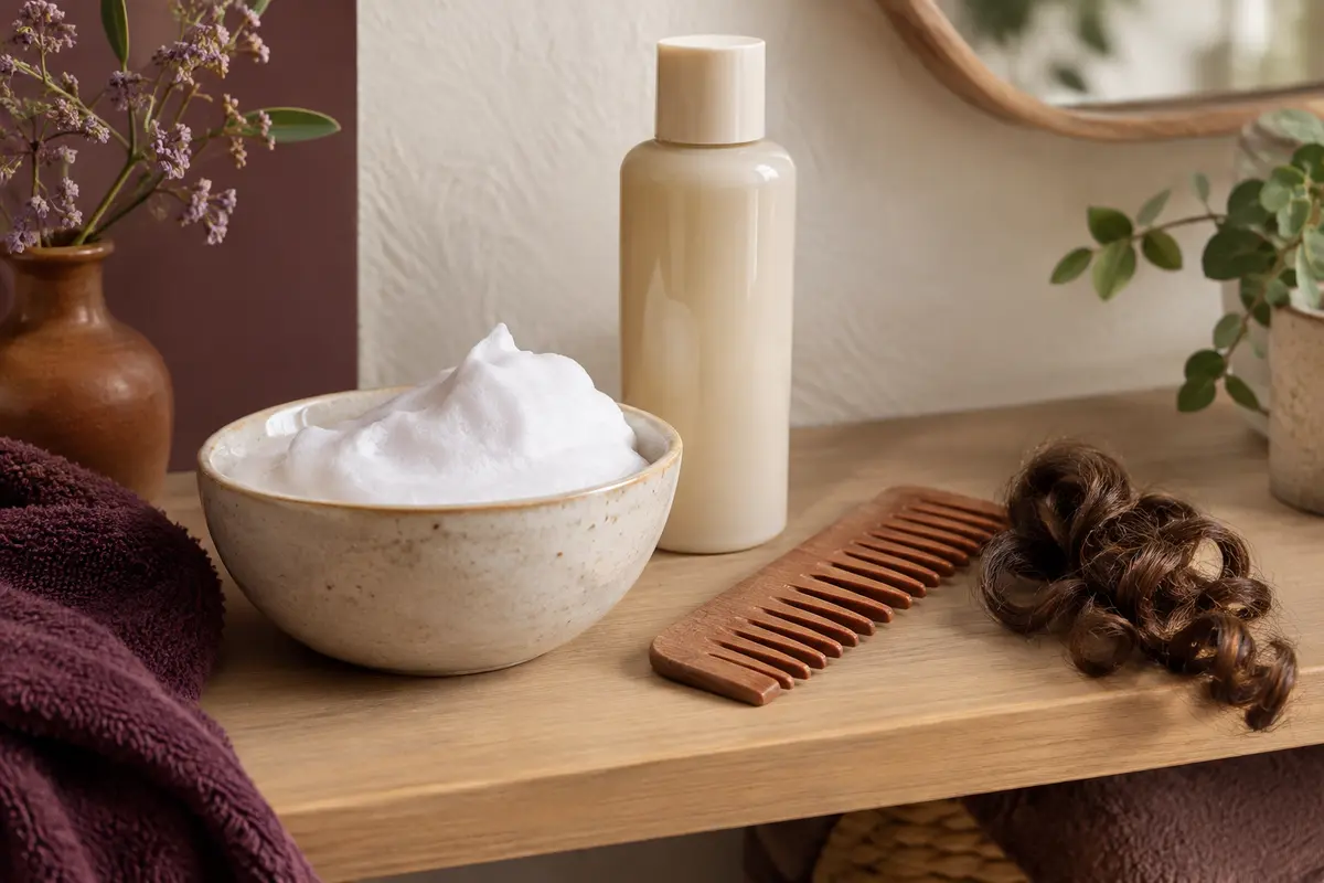 Mousse coiffante et peigne à côté d’une mèche bouclée, pour illustrer le choix du coiffant.