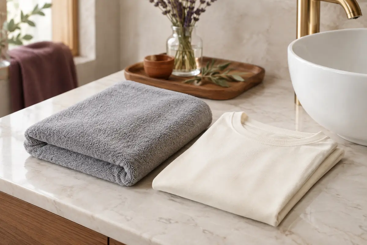 Serviette en microfibre et t-shirt en coton pliés côte à côte sur un plan de salle de bain, prêts pour le plopping
