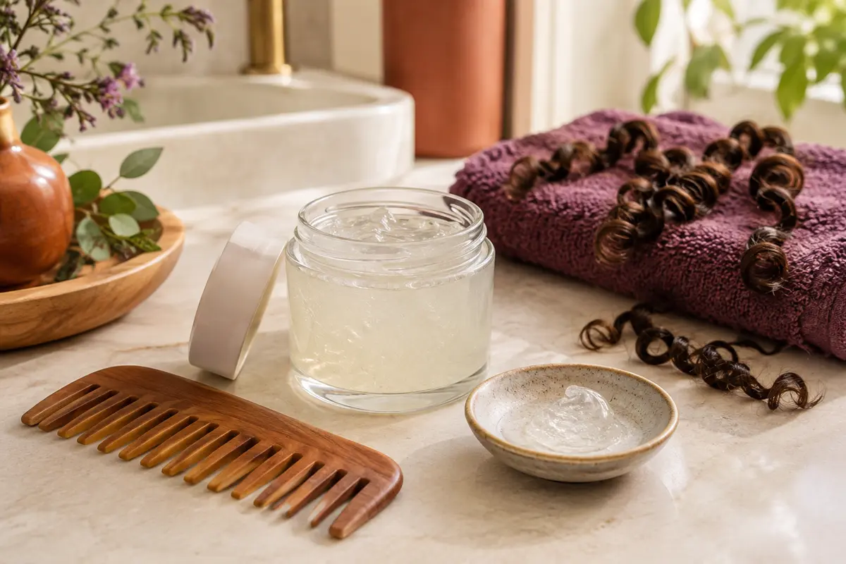 Gel coiffant et peigne posés près de mèches bouclées pour illustrer un dosage progressif.