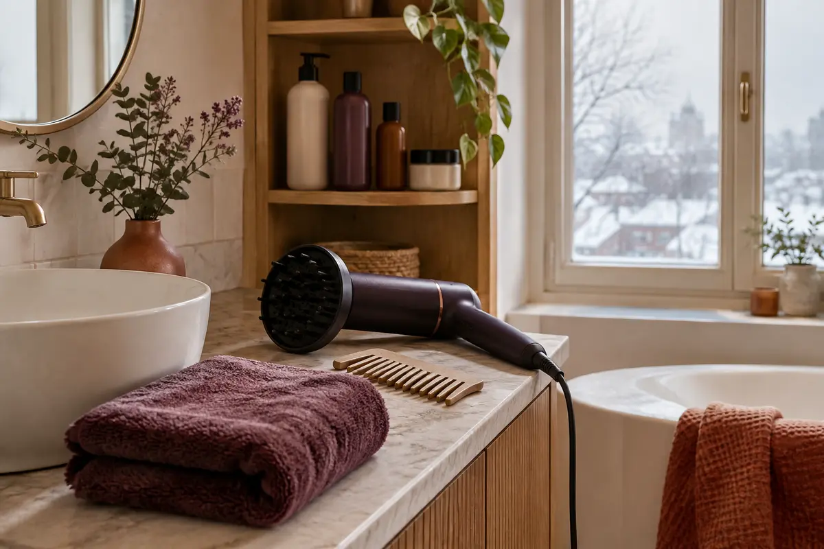 Serviette en microfibre, diffuseur et soins capillaires disposés dans une salle de bain en hiver