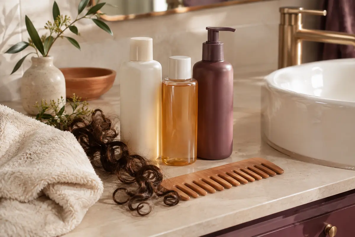 Trois soins capillaires, un peigne à dents larges et une serviette pour une routine de boucles