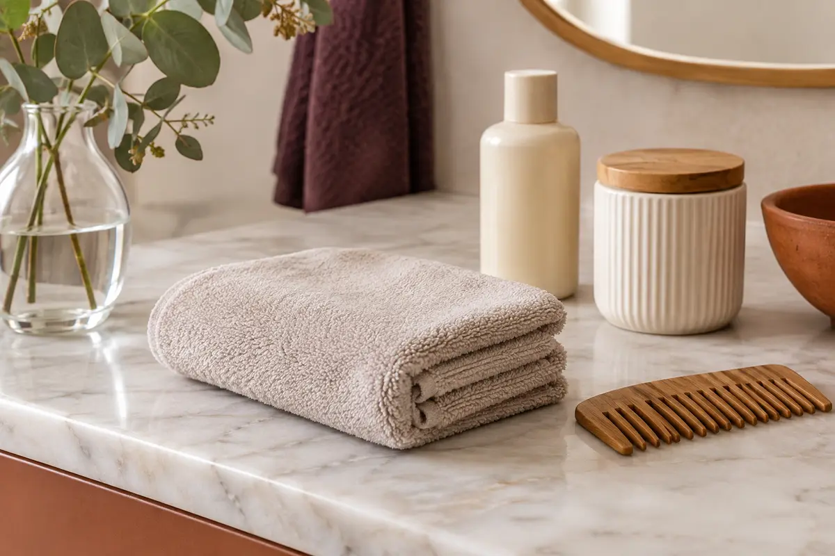 Serviette en microfibre couleur lin pliée sur un plan de salle de bain, près d’un flacon de soin et d’un peigne en bois