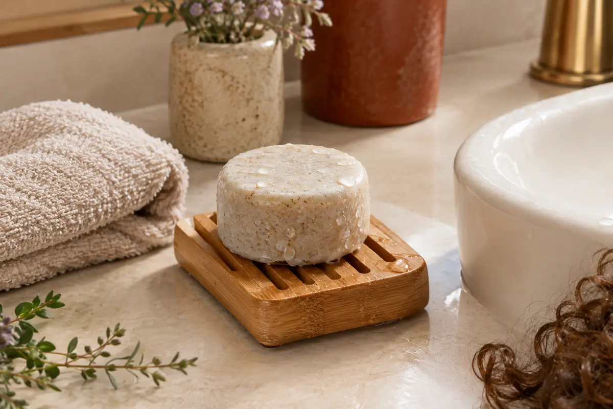 Shampoing solide posé sur un porte-savon près d’une serviette et de cheveux bouclés