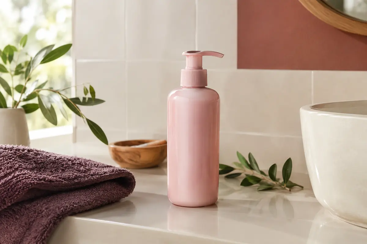 Après-shampooing rose Acticurl Expert posé sur une tablette en céramique ivoire dans une salle de bain lumineuse.