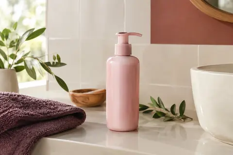Après-shampooing rose Acticurl Expert posé sur une tablette en céramique ivoire dans une salle de bain lumineuse.
