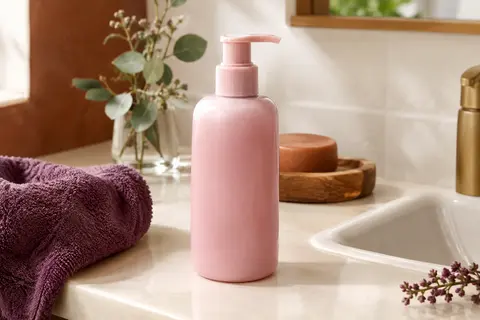 Contenant rose de co-wash posé dans une salle de bain lumineuse aux tons ivoire et terre cuite.