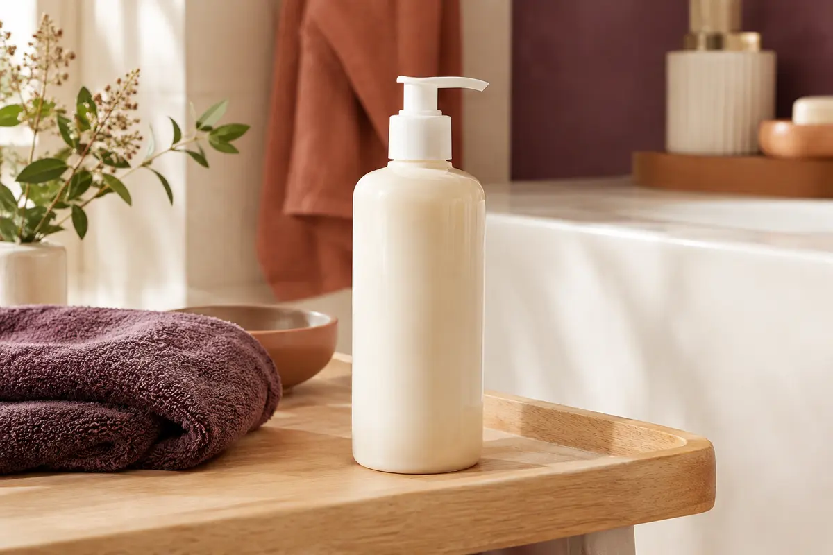 Crème lavante co-wash présentée dans une salle de bain lumineuse aux tons ivoire et terre cuite.