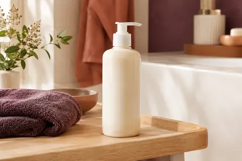 Crème lavante co-wash présentée dans une salle de bain lumineuse aux tons ivoire et terre cuite.