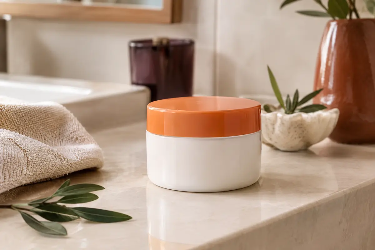 Crème coiffante Actikids dans un contenant blanc et orange, posée sur une tablette de salle de bain claire.