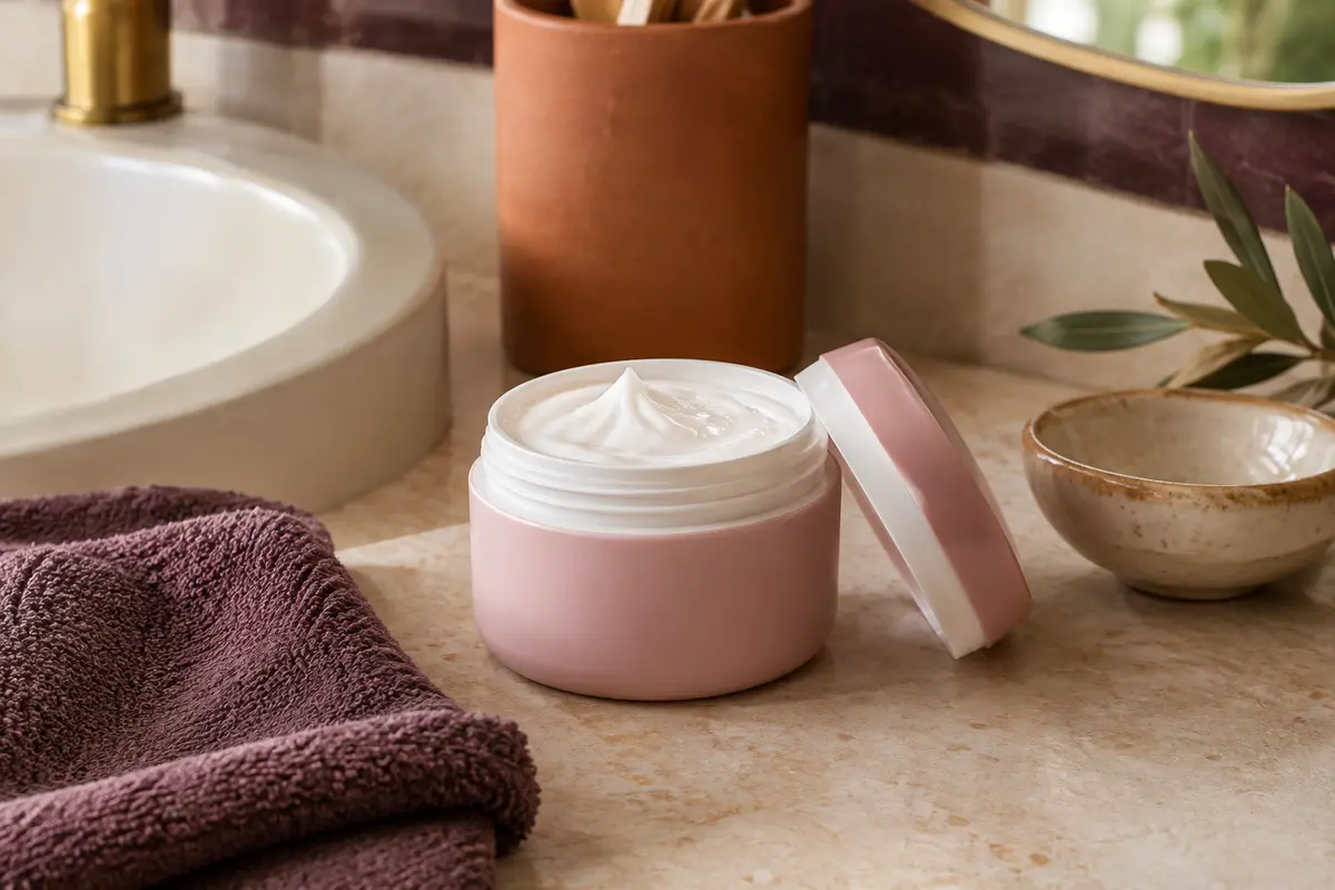 Crème coiffante Acticurl rose et blanche mise en scène dans une salle de bain lumineuse aux tons ivoire et terre cuite