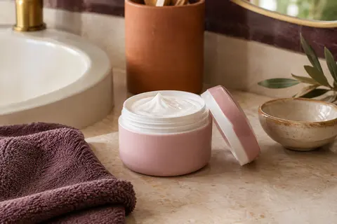Crème coiffante Acticurl rose et blanche mise en scène dans une salle de bain lumineuse aux tons ivoire et terre cuite