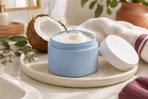 Pot bleu ouvert de crème coiffante blanche et onctueuse, couvercle posé à côté, sur un plateau en céramique ivoire près d’une demi-noix de coco