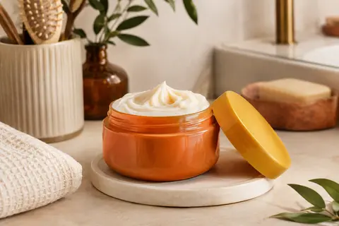 Crème coiffante Actiforce à la texture onctueuse dans une salle de bain aux tons ivoire et terre cuite