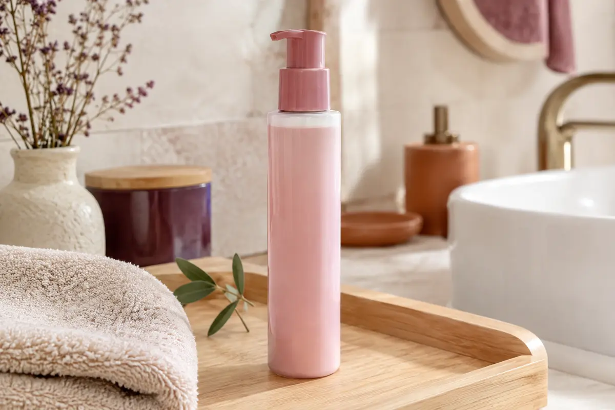 Gel activateur de boucles rose et blanc posé dans une salle de bain lumineuse aux tons ivoire.
