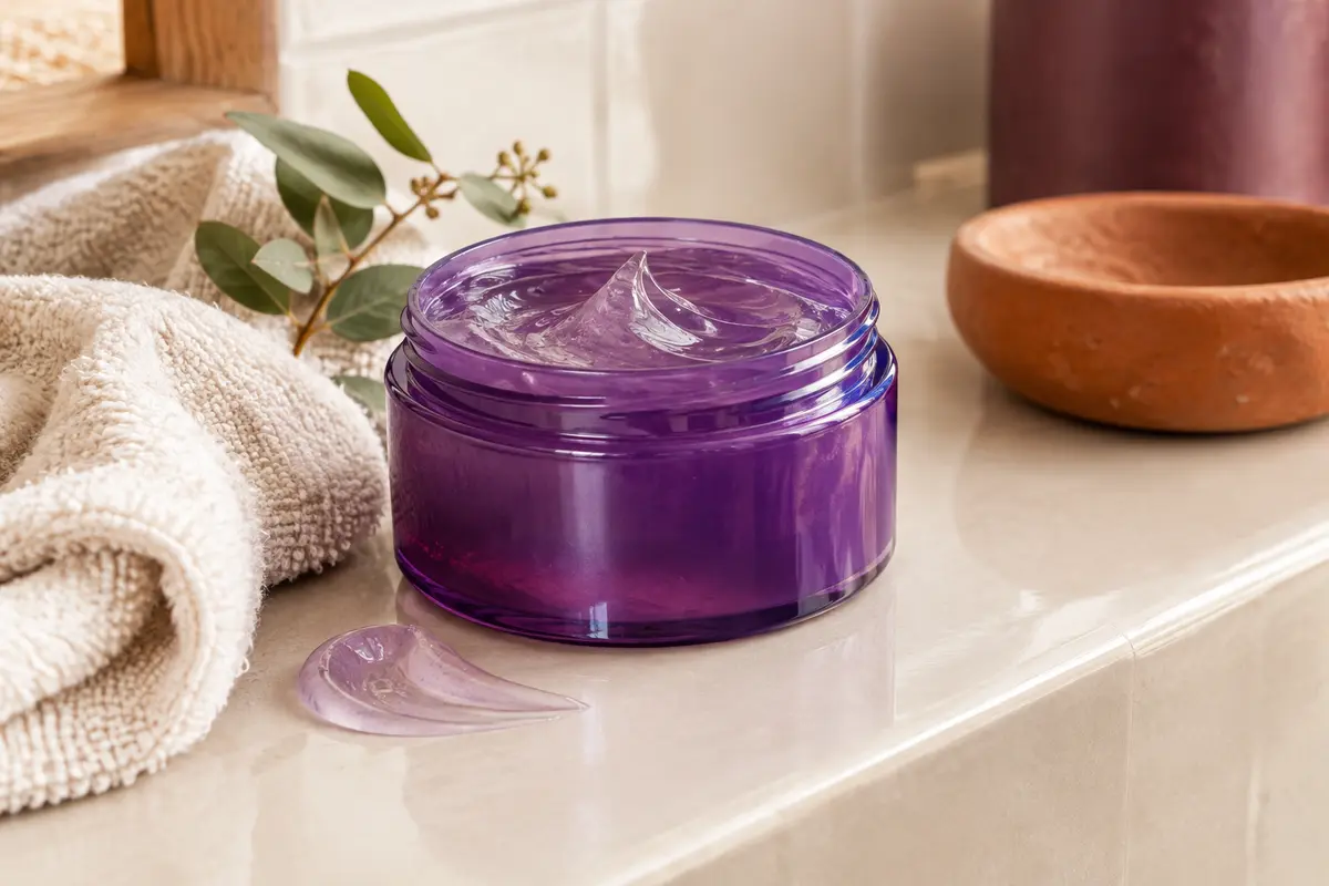 Contenant violet de gelée coiffante posé dans une salle de bain lumineuse aux tons ivoire et prune.