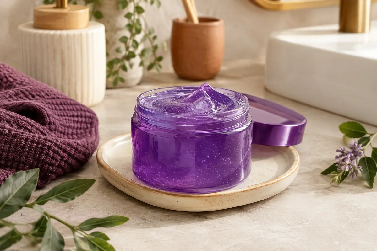 Gelée coiffante violette posée dans une salle de bain lumineuse aux tons ivoire et terre cuite