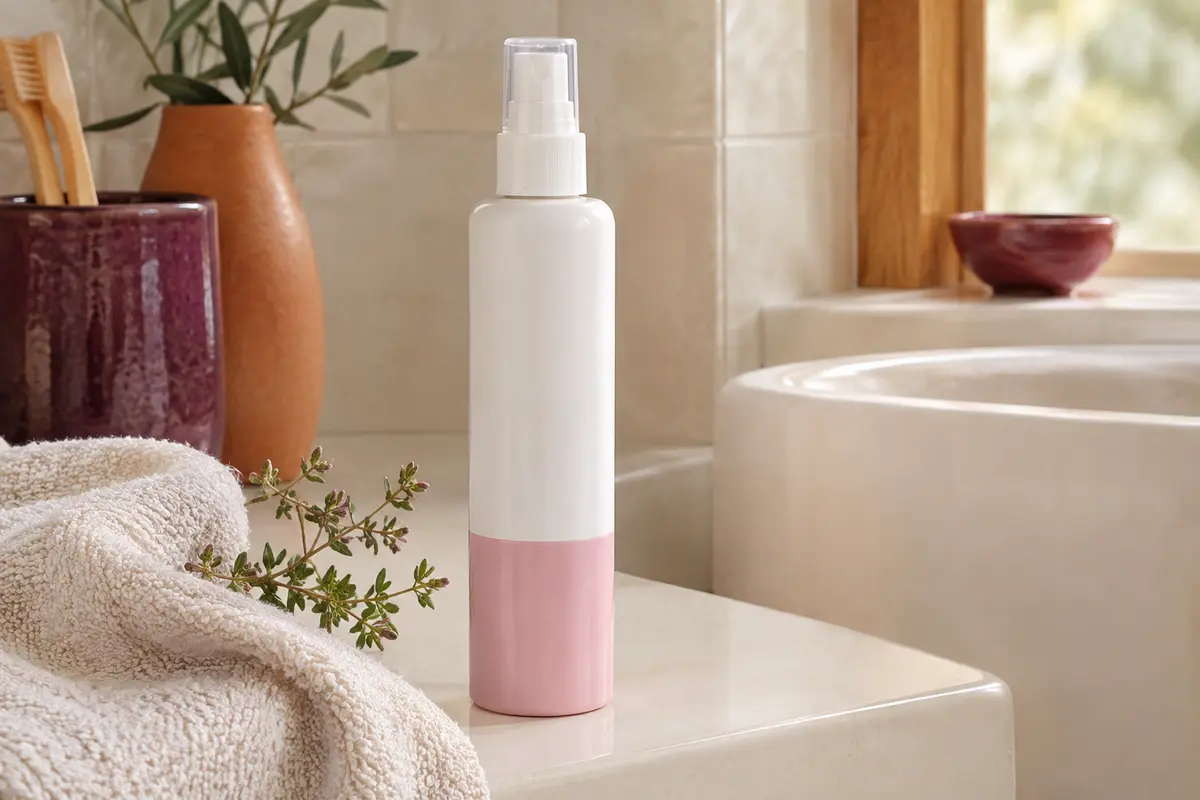 Flacon spray blanc et rose Acticurl posé dans une salle de bain claire, près d’un linge en coton.