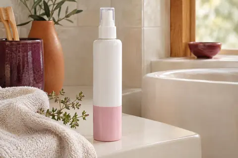 Flacon spray blanc et rose Acticurl posé dans une salle de bain claire, près d’un linge en coton.