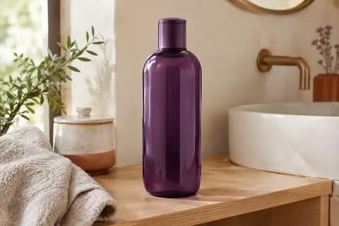 Flacon violet de shampoing pour cheveux bouclés posé dans une salle de bain lumineuse aux tons ivoire et prune