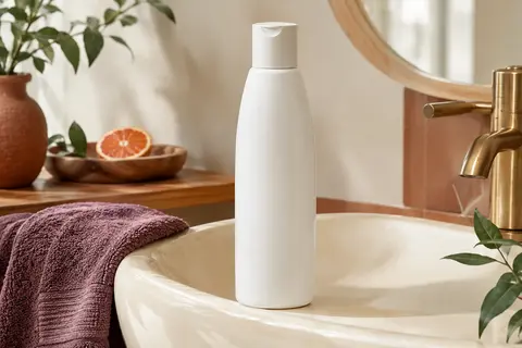 Flacon blanc de co-wash posé sur une vasque en céramique ivoire avec une serviette et du feuillage discret.