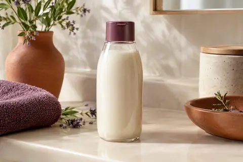 Après-shampoing translucide posé dans une salle de bain ivoire aux touches prune et terre cuite