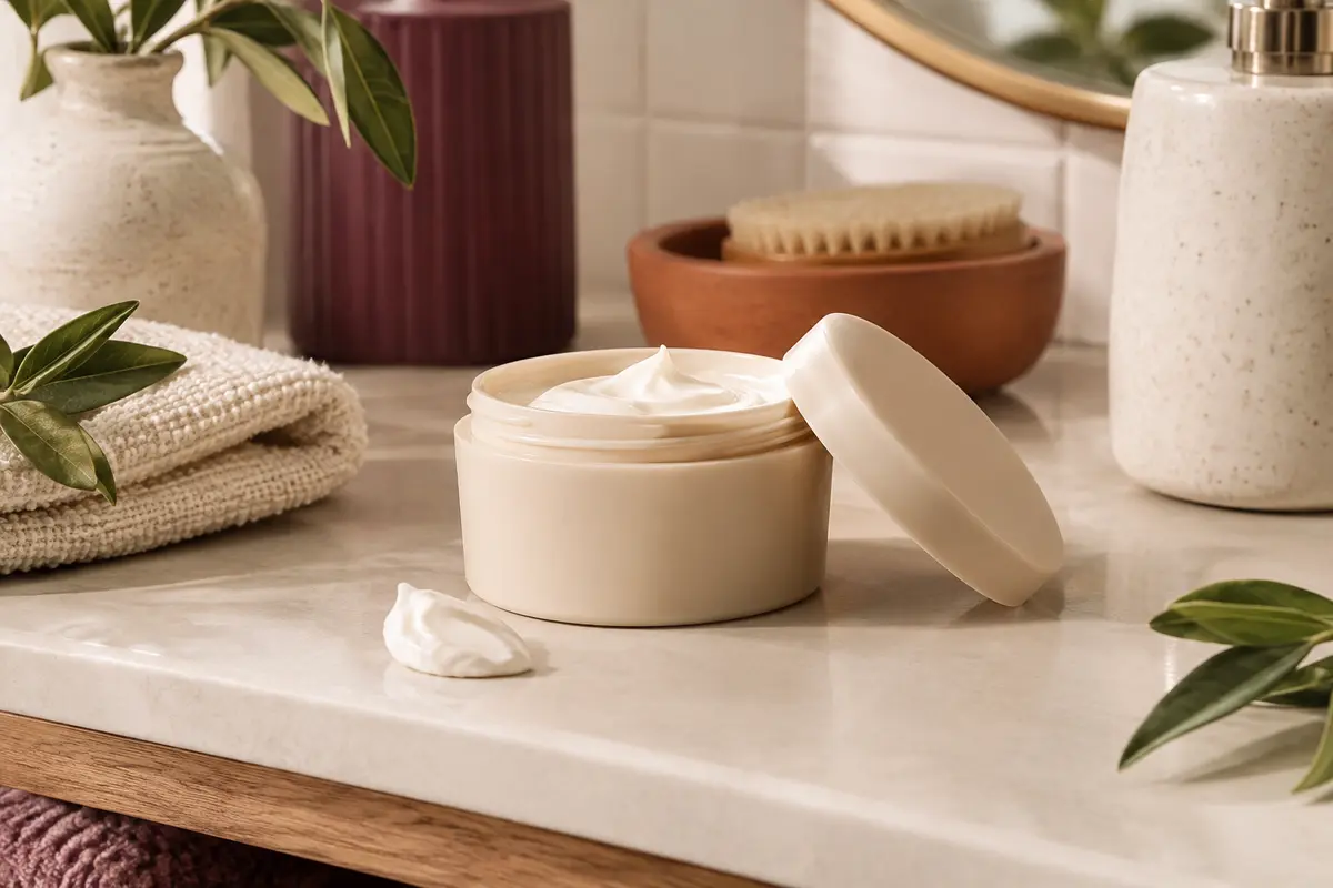 Crème coiffante hydratante dans un contenant beige, accompagnée d’une noisette de produit dans une salle de bain lumineuse.