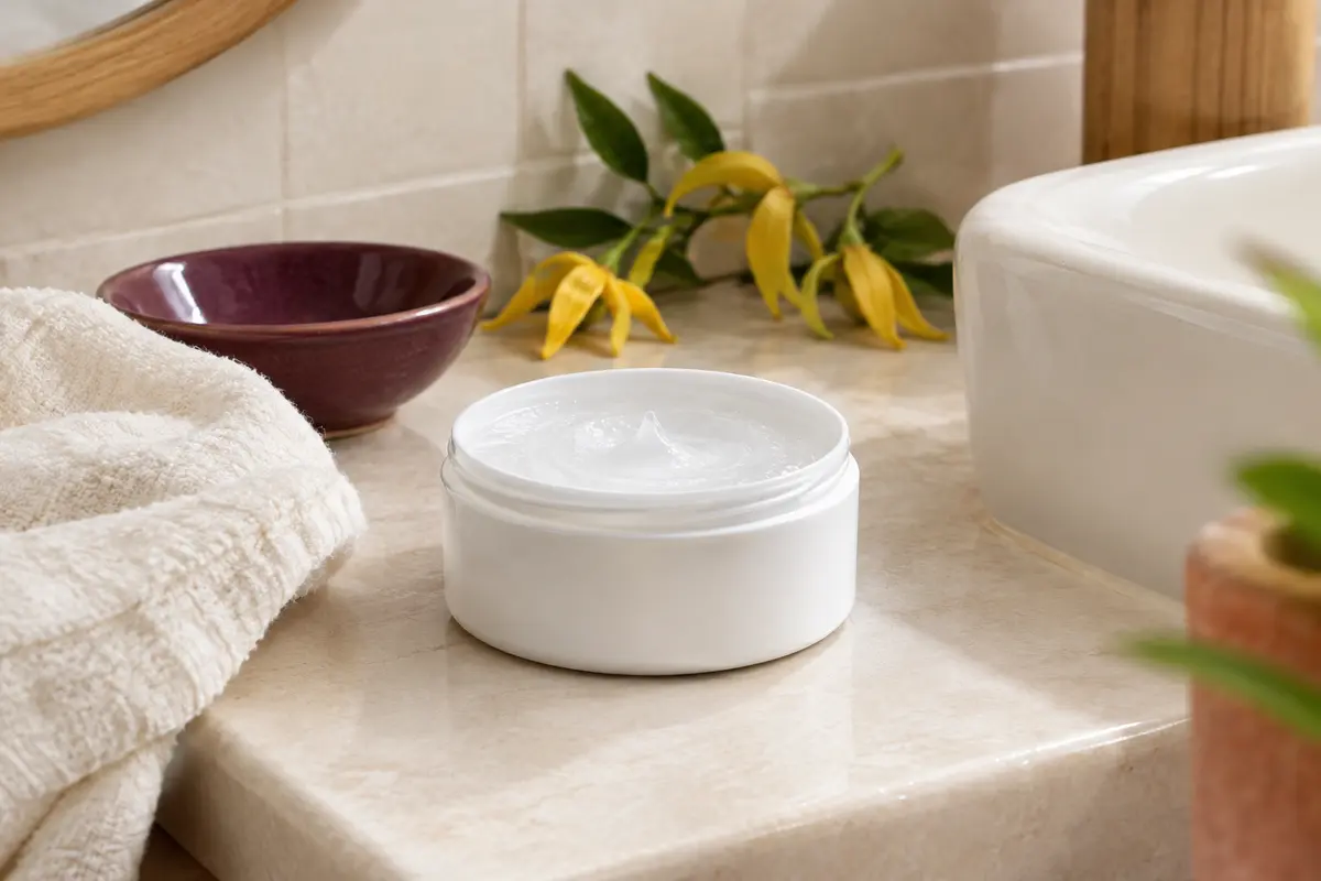 Gel coiffant blanc posé sur une tablette en céramique ivoire, avec du coton et quelques fleurs d’ylang-ylang