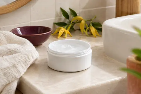 Gel coiffant blanc posé sur une tablette en céramique ivoire, avec du coton et quelques fleurs d’ylang-ylang