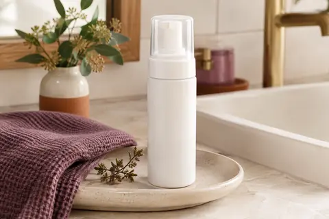 Mousse coiffante blanche Bali Curls posée sur un plateau en céramique dans une salle de bain lumineuse