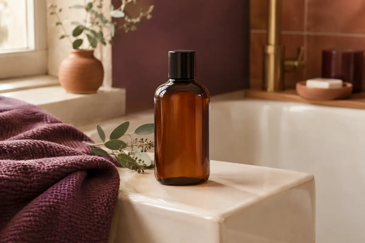 Flacon brun de shampooing nourrissant posé sur une céramique ivoire dans une salle de bain lumineuse.