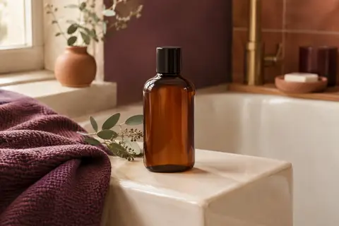 Flacon brun de shampooing nourrissant posé sur une céramique ivoire dans une salle de bain lumineuse.
