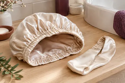 Bonnet de nuit champagne en satin à double couche avec long bandeau posé dans une salle de bain lumineuse