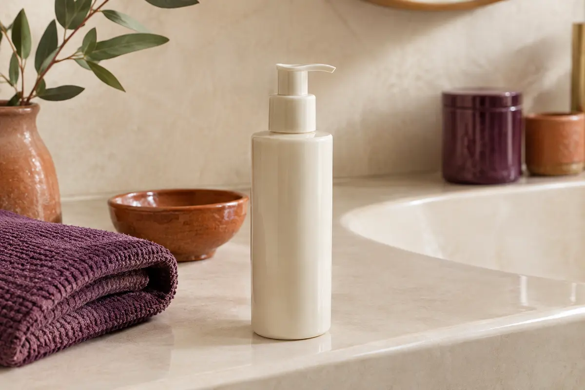 Flacon de crème coiffante pour boucles posé sur une surface en céramique dans une salle de bain lumineuse