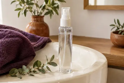 Flacon clair de brume ravive-boucles posé sur une vasque en céramique dans une salle de bain lumineuse.