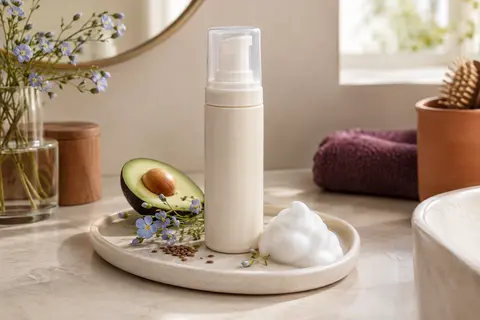 Mousse coiffante dans un contenant neutre, posée sur une céramique ivoire avec des éléments botaniques discrets.