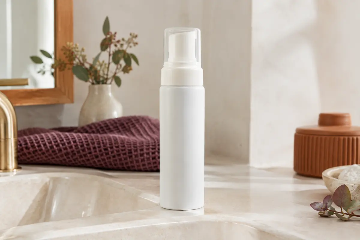 Flacon blanc de mousse coiffante posé sur une céramique ivoire dans une salle de bain lumineuse