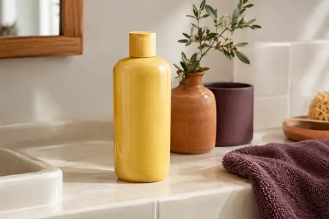 Flacon jaune de shampoing hydratant à l’huile d’argan posé dans une salle de bain lumineuse