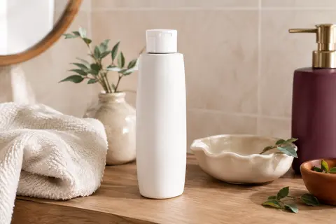 Flacon blanc de co-wash Curlsmith posé dans une salle de bain lumineuse aux tons ivoire et terre cuite
